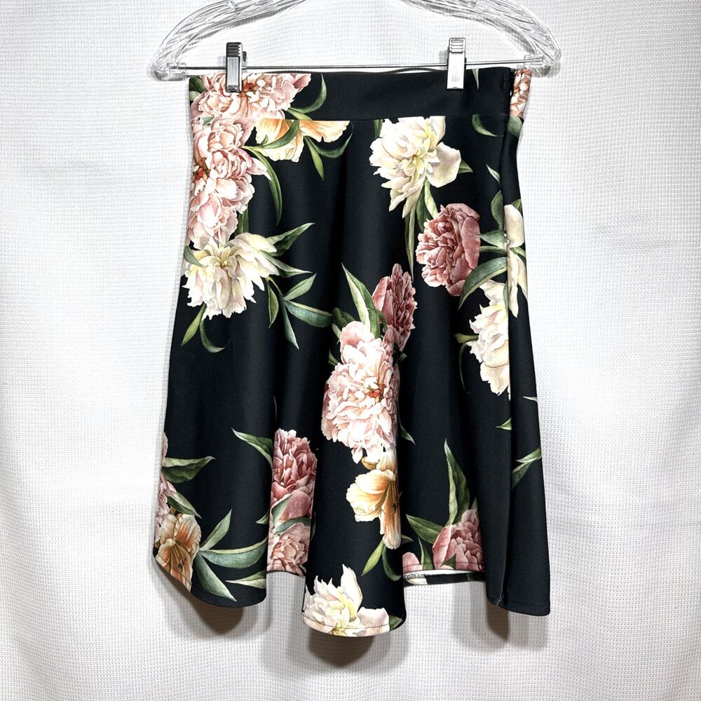 SaddleTek Skater Skirt Black Red Floral Flared Textured Mini A-Line Boho - S